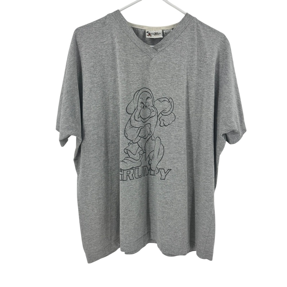 Rare- Vintage Walt Disney World Grumpy V-Neck Graphic T-Shirt Gray Cotton L/XL